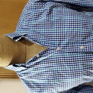 Vineyard Vines slim fit Murray shirt blue black plaid flawed